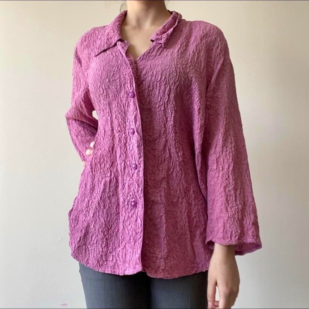 URU Textured Silk Purple Button zip Blouse